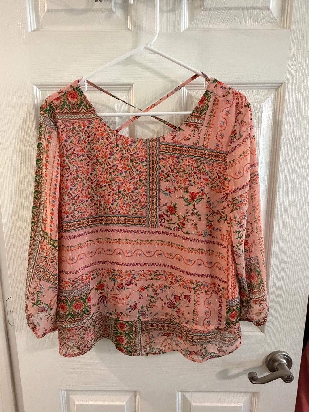 Collective Concepts Pink Floral Paisley Peasant Top with Crisscross Back Straps